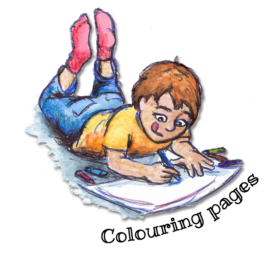 illustration of child colouring on the floor, Erin Kirke, children's colouring pages